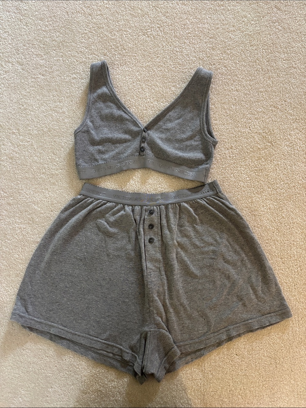 Victoria’s Secret Gray Bralette Vintage faux Button-Front Lounge Short Set